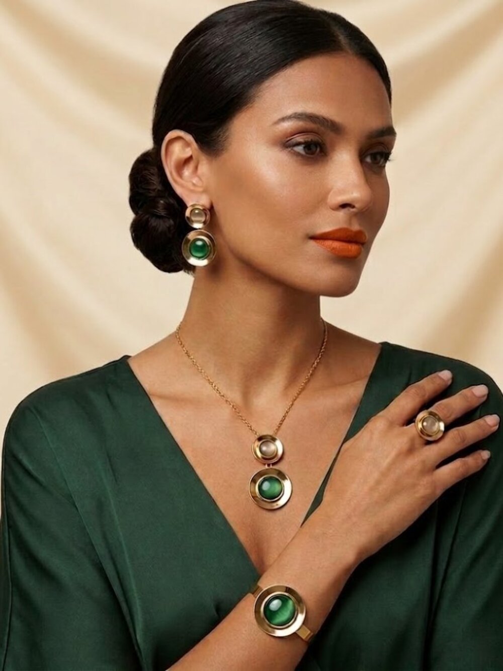 18K Gold Plated Green Gold Necklaces Earrings Bracelet 4 pcs Jewelry Set